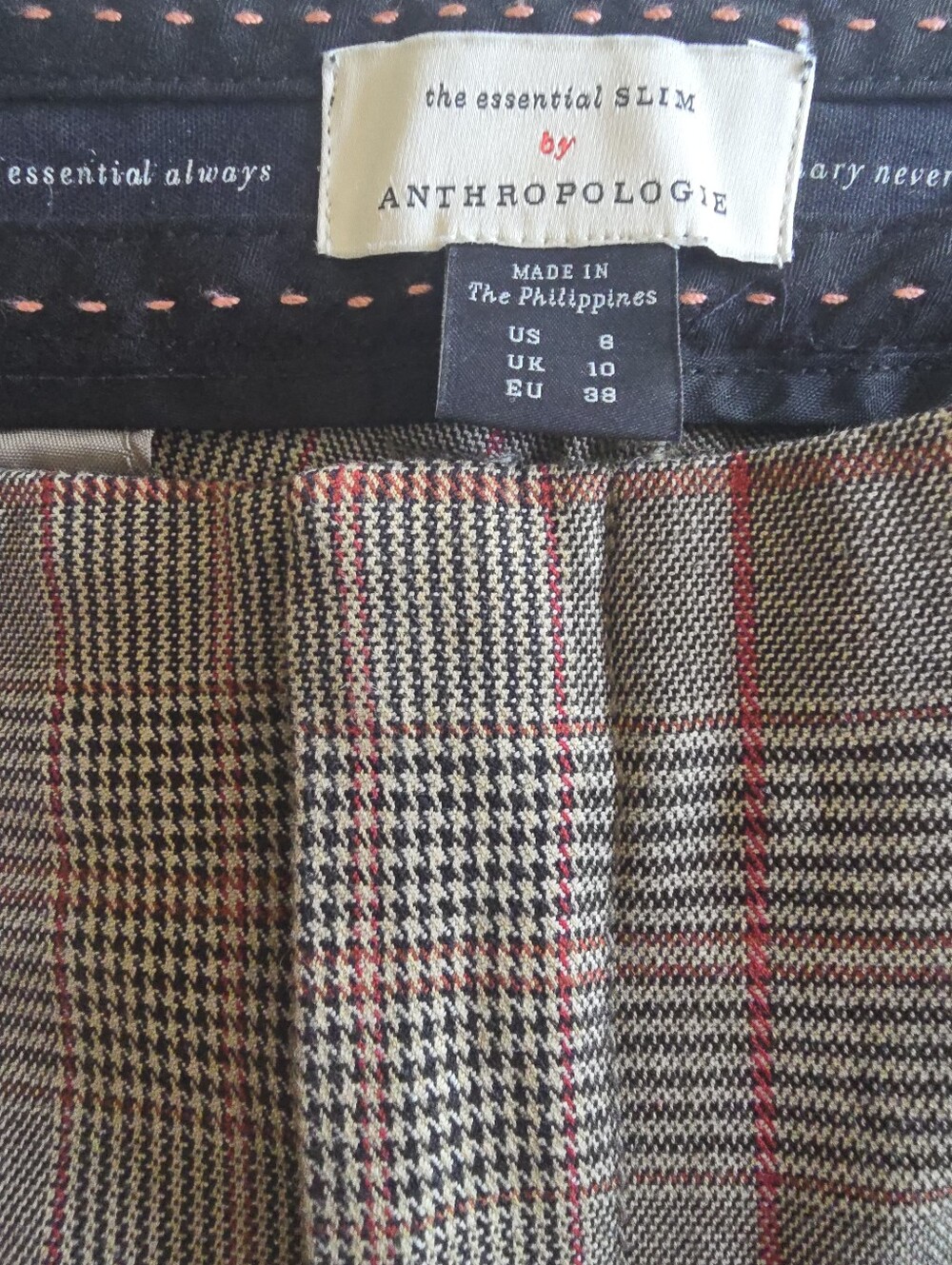 Anthropologie The Essential Collection Brown Plaid Slim Trousers Size 8 - Picture 10 of 12